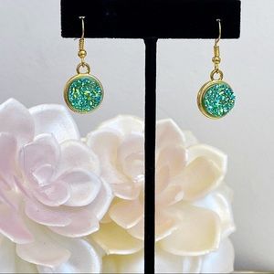 Gold Tone Aqua Green Druzy Small Drop Earrings NEW